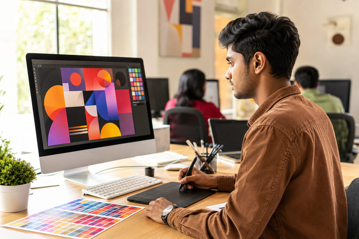 Student learning graphic design and photo editing on a computer in Kundapura