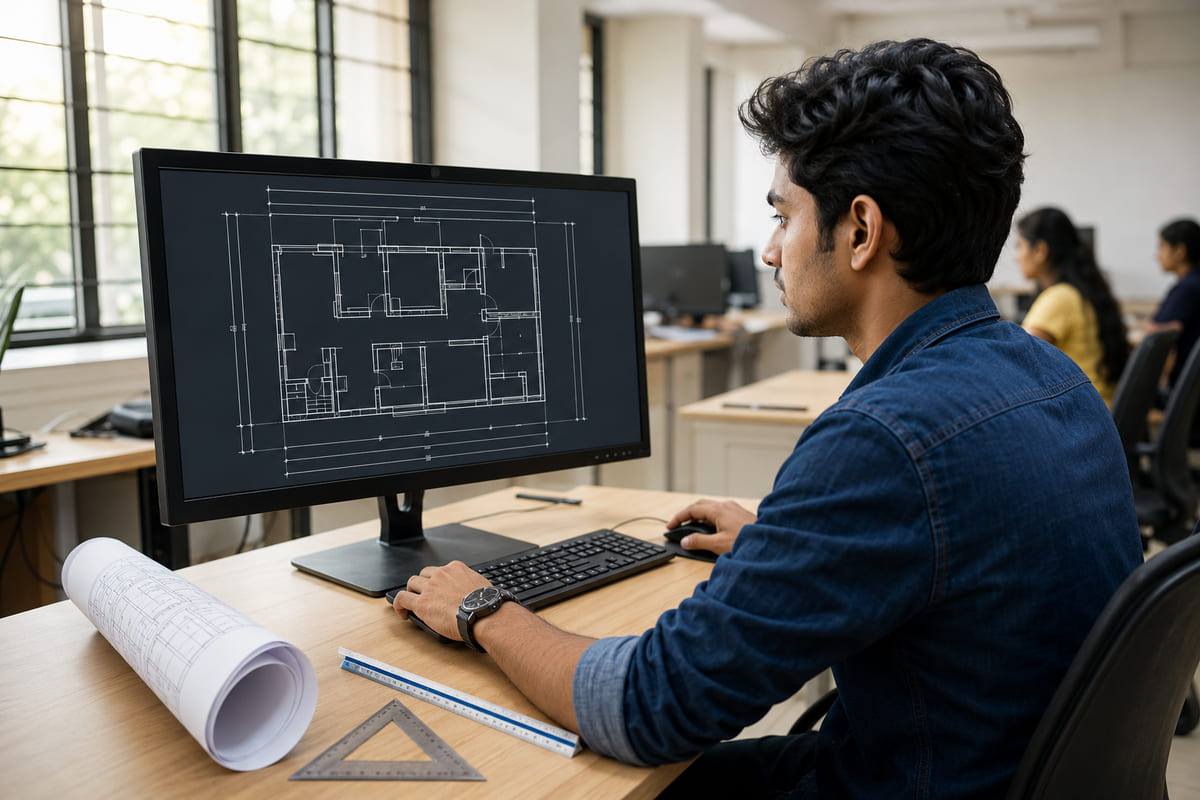 Student drafting a building floor plan in AutoCAD during the CAD course in Kundapura