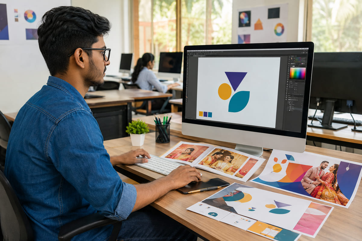 Student designing a logo and wedding album layout during the graphic design course in Kundapura