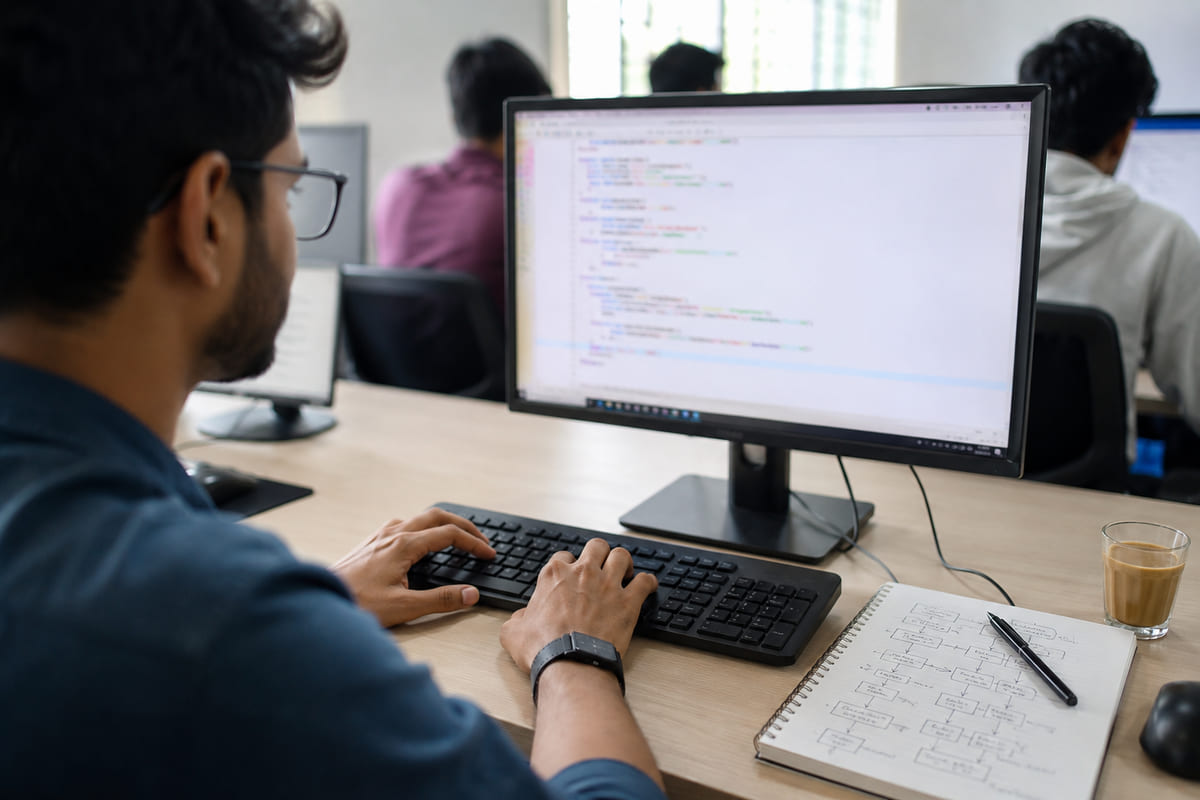 Close-up of a student writing Python code during programming classes in Kundapura
