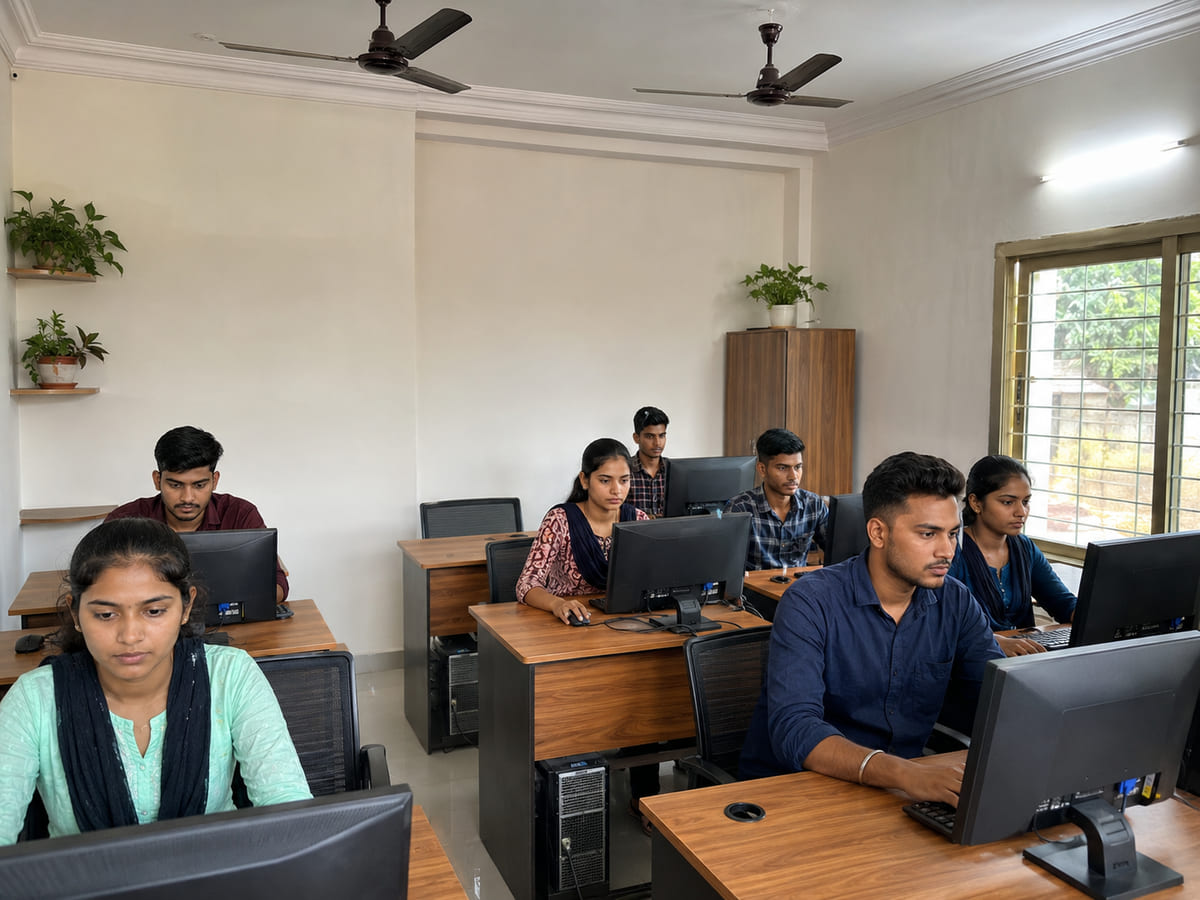 Students practising MS Office on computers at Dynamic Infotech, Kundapura