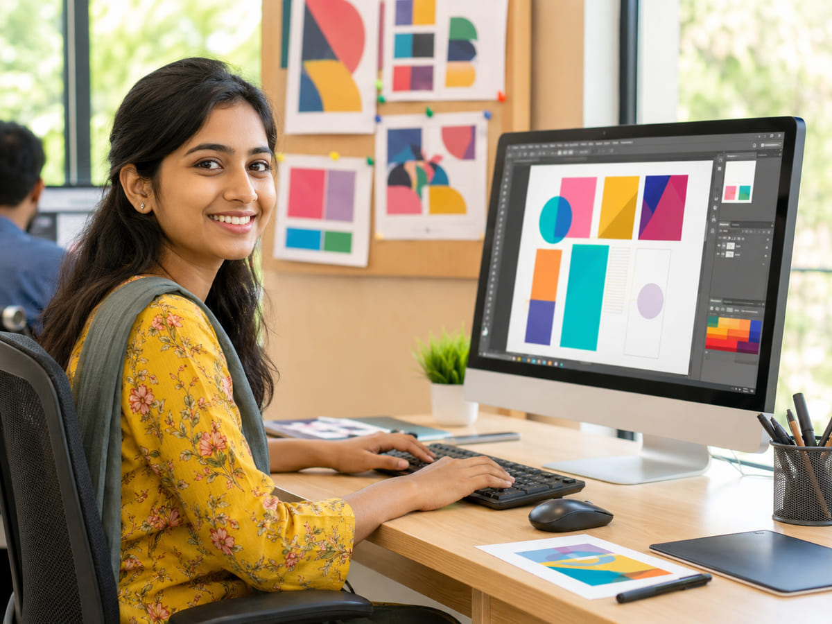Student designing an interface layout with colour swatches during the UI/UX course in Kundapura