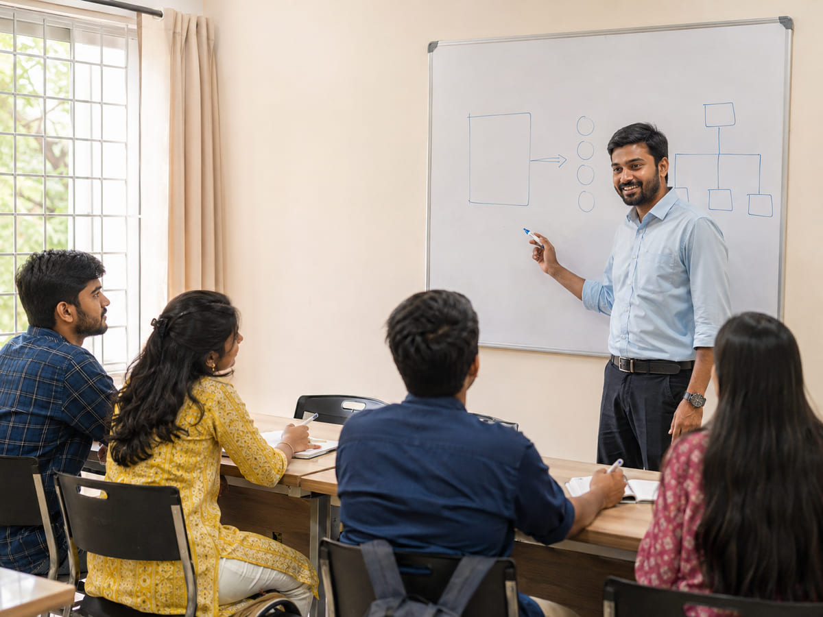 Instructor teaching a small batch at the whiteboard during computer teacher training in Kundapura