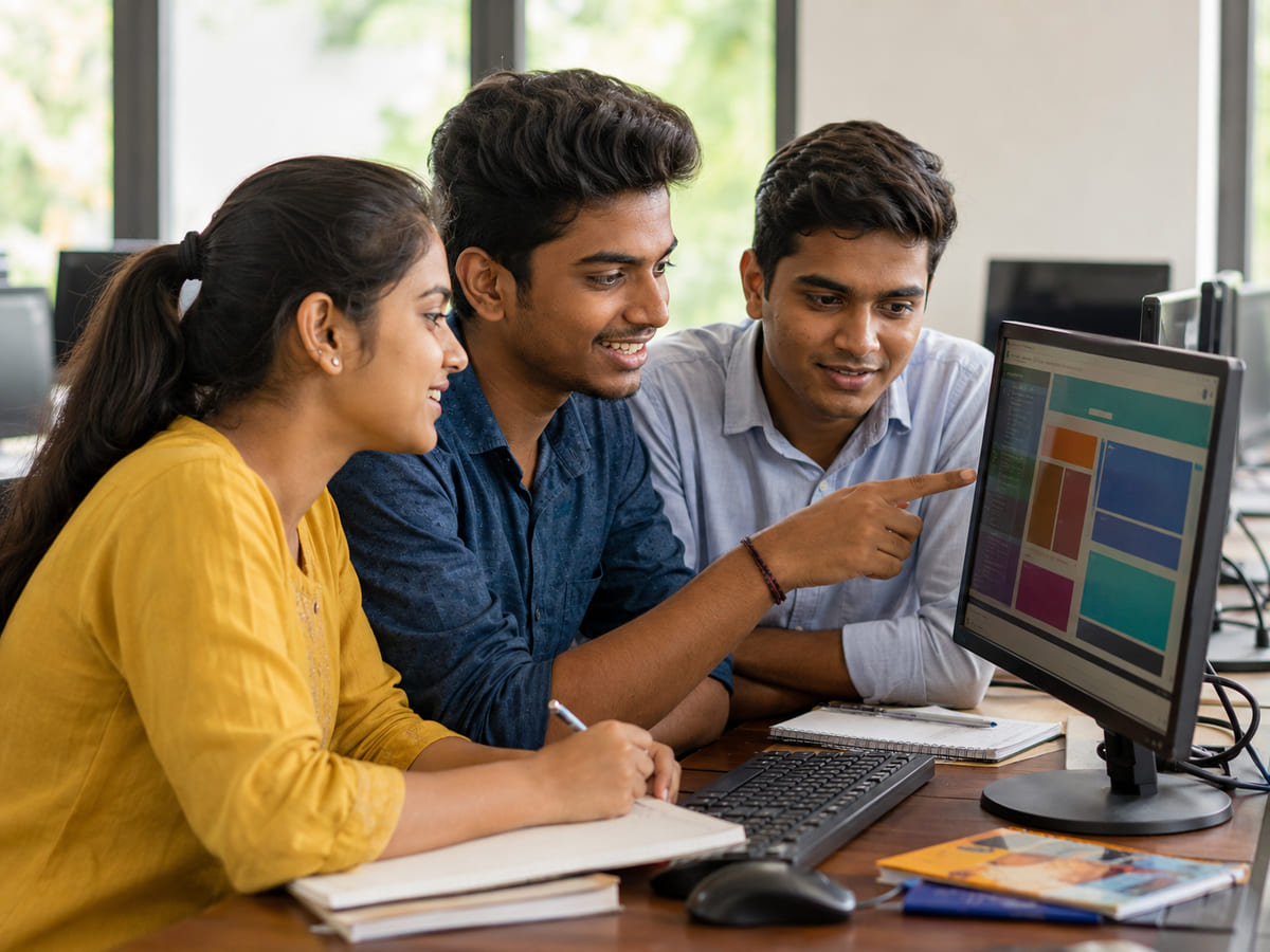 Students building a website together during the web development course in Kundapura