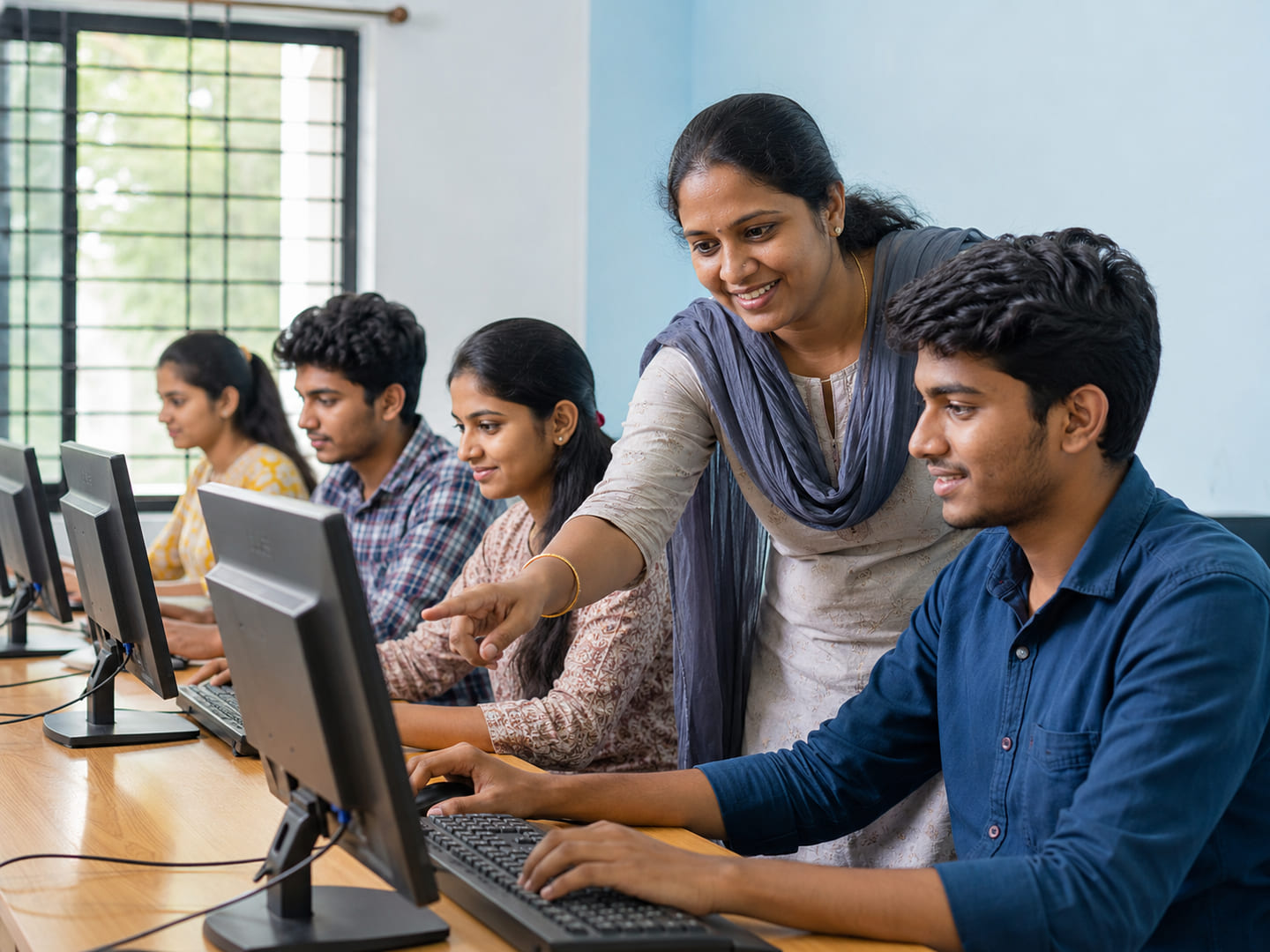 Students learning computer courses in a classroom at Dynamic Infotech, Kundapura